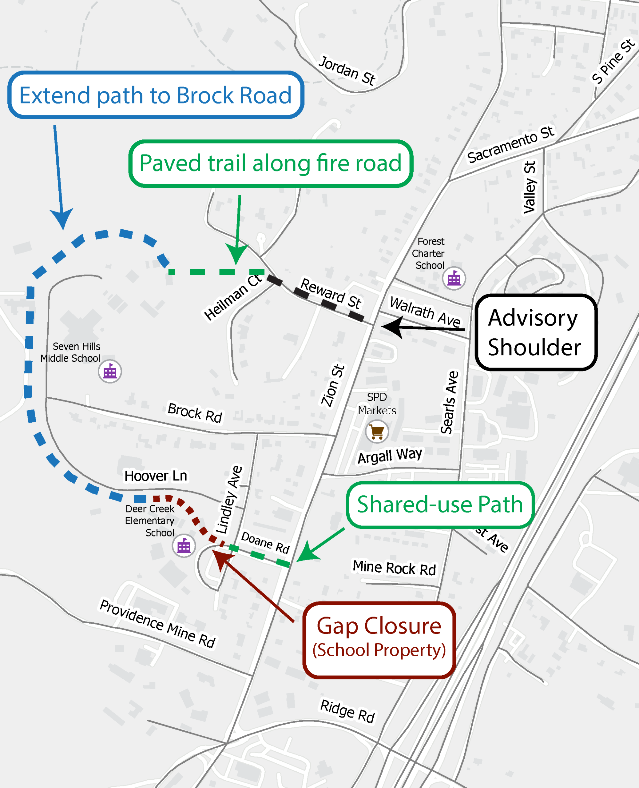 Map of improves school access route. Includes an advisory shoulder from Reward Street to Heilman Court, paving the fire road from Heilman Court to Seven Hills Middle School, a paved path behind Seven Hills Middle School to Deer Creek Elementary School alo