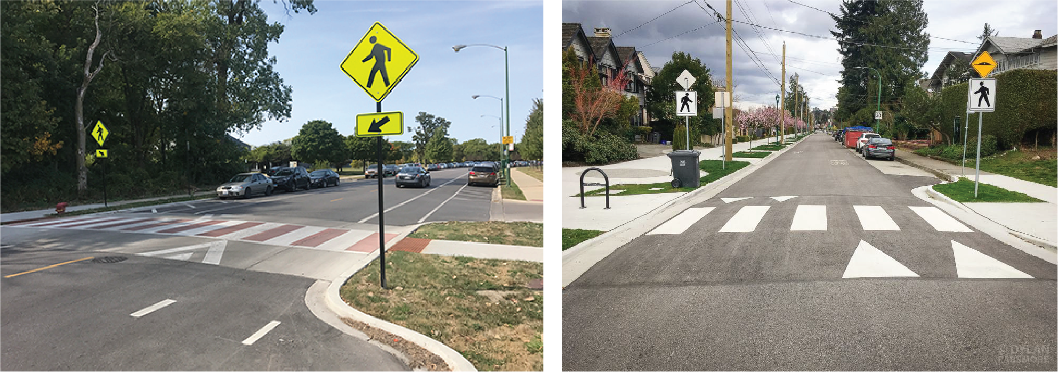 Two examples of raised crosswalks that show midblock crossings raised above grade with high visibility stringing. Pedestrian crossing signage is also present on the sidewalk leading up to the crosswalk.