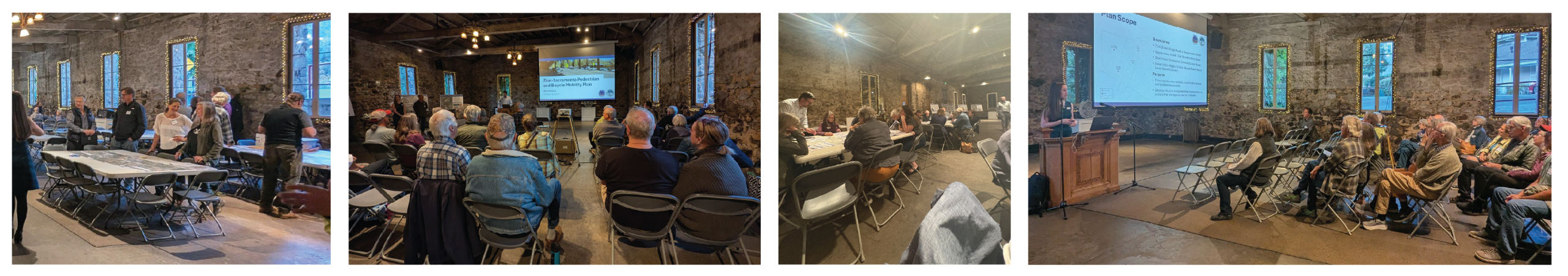 Images from workshop 2. Images show attendees gathering around a table prior to the workshop, attendees watching the workshop presentation, and the small group discussions that occurred after the presentation.