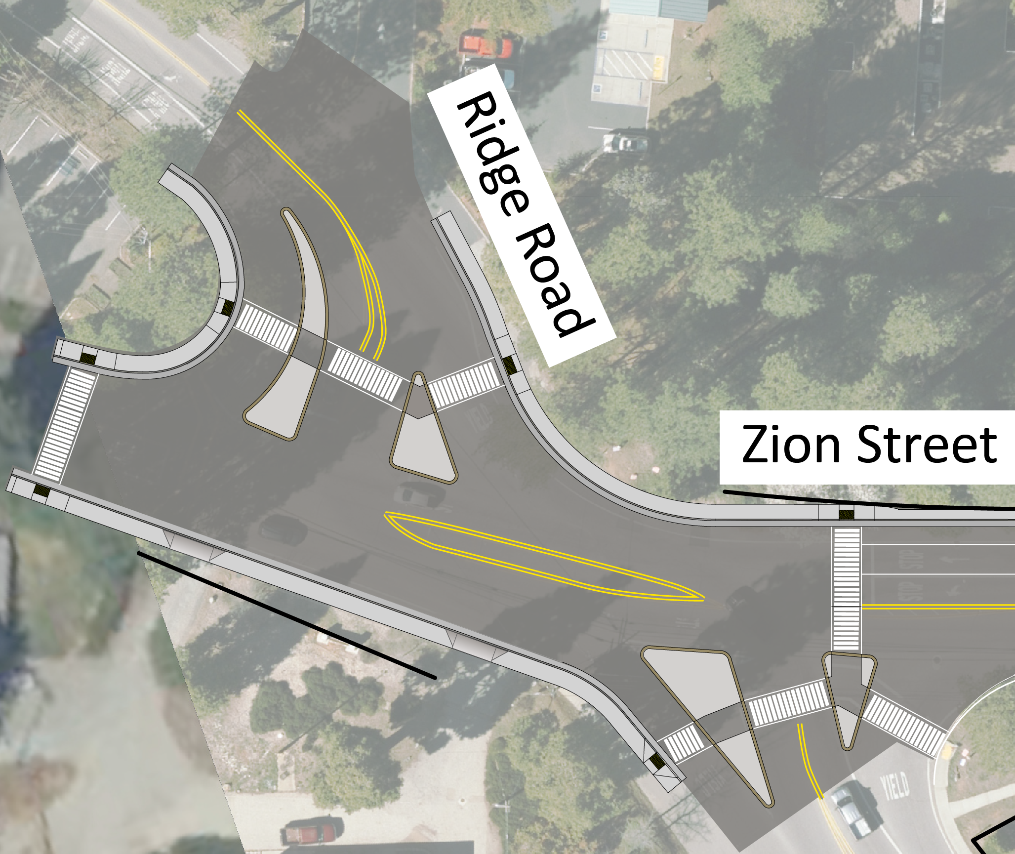 An aerial view of the proposed improvements for the Ridge Road and Zion Street intersection. Improvements include concrete pedestrian refuge islands at each crossing, high visibility crosswalks, extending sidewalks on all legs of the intersections, and AD